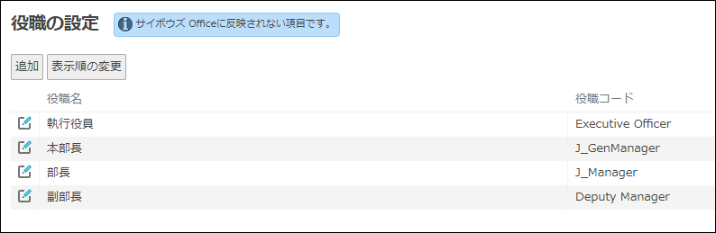 スクリーンショット：役職の一覧が表示されている